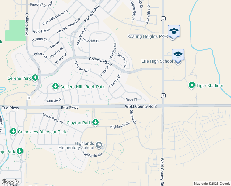 map of restaurants, bars, coffee shops, grocery stores, and more near 132 Equinox Circle in Erie