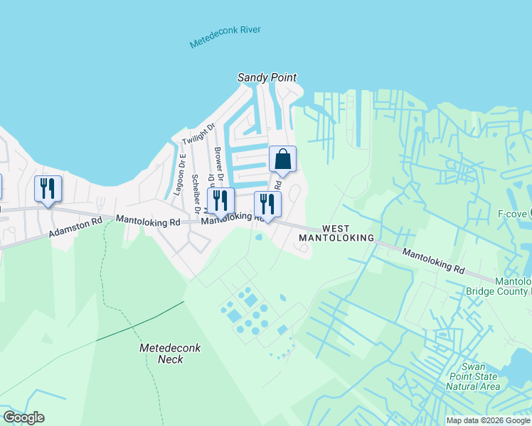 map of restaurants, bars, coffee shops, grocery stores, and more near 246 Mantoloking Road in Brick Township
