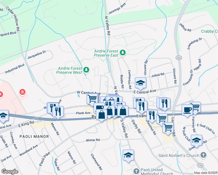 map of restaurants, bars, coffee shops, grocery stores, and more near 11 Woodbine Avenue in Paoli