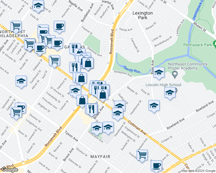 map of restaurants, bars, coffee shops, grocery stores, and more near 7344 Revere Street in Philadelphia