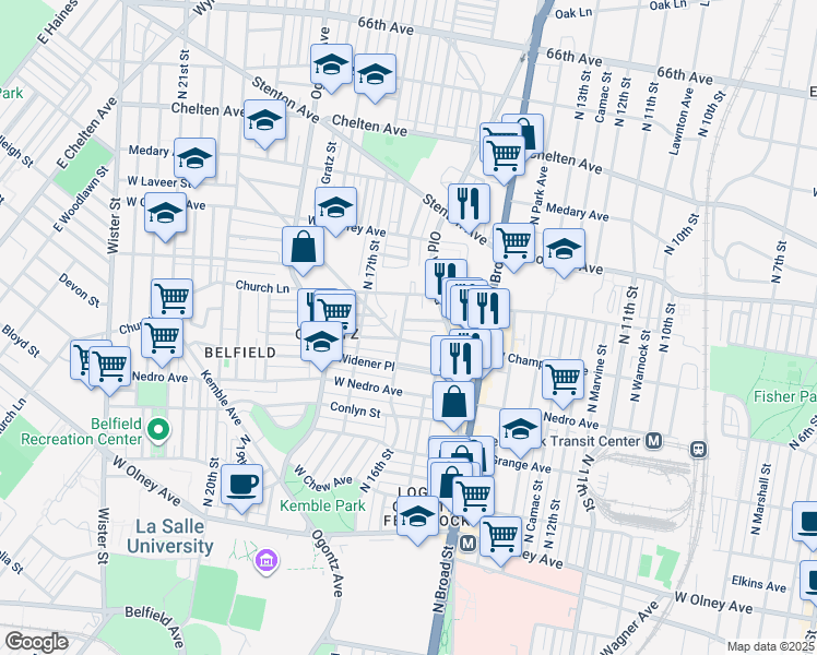 map of restaurants, bars, coffee shops, grocery stores, and more near 1540 Roselyn Street in Philadelphia