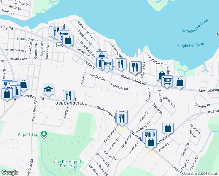 map of restaurants, bars, coffee shops, grocery stores, and more near 632 Kenmore Road in Brick Township