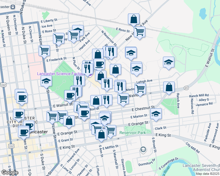 map of restaurants, bars, coffee shops, grocery stores, and more near 622 Lehigh Avenue in Lancaster