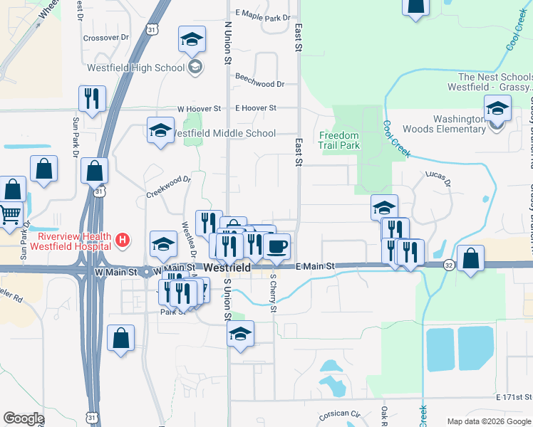 map of restaurants, bars, coffee shops, grocery stores, and more near 218 North Street in Westfield