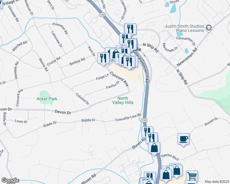 map of restaurants, bars, coffee shops, grocery stores, and more near in Chester County