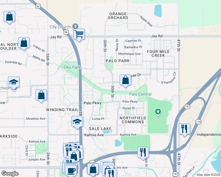 map of restaurants, bars, coffee shops, grocery stores, and more near 3887 Arbol Court in Boulder