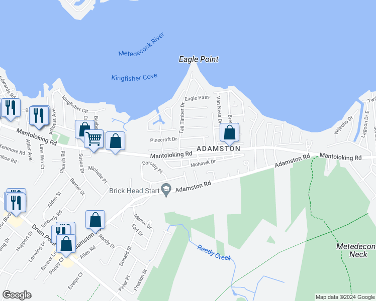 map of restaurants, bars, coffee shops, grocery stores, and more near 470 Woodpark Drive in Brick Township