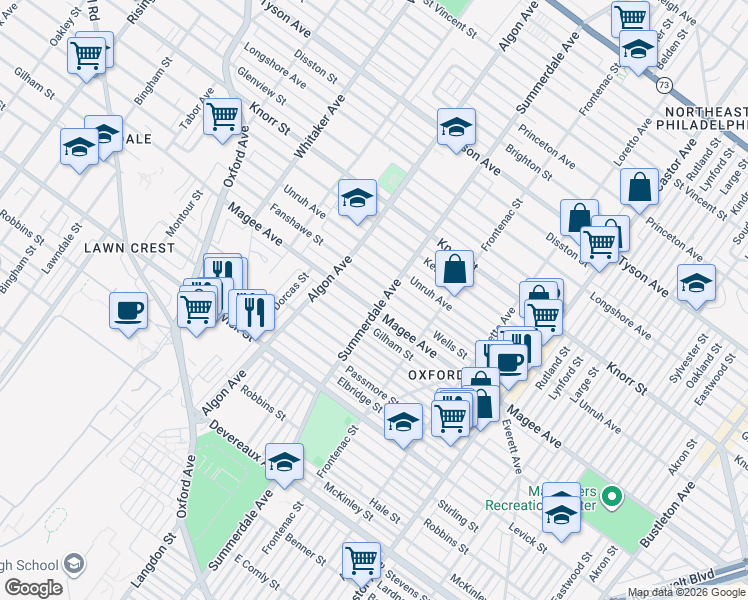 map of restaurants, bars, coffee shops, grocery stores, and more near 1129 Magee Avenue in Philadelphia