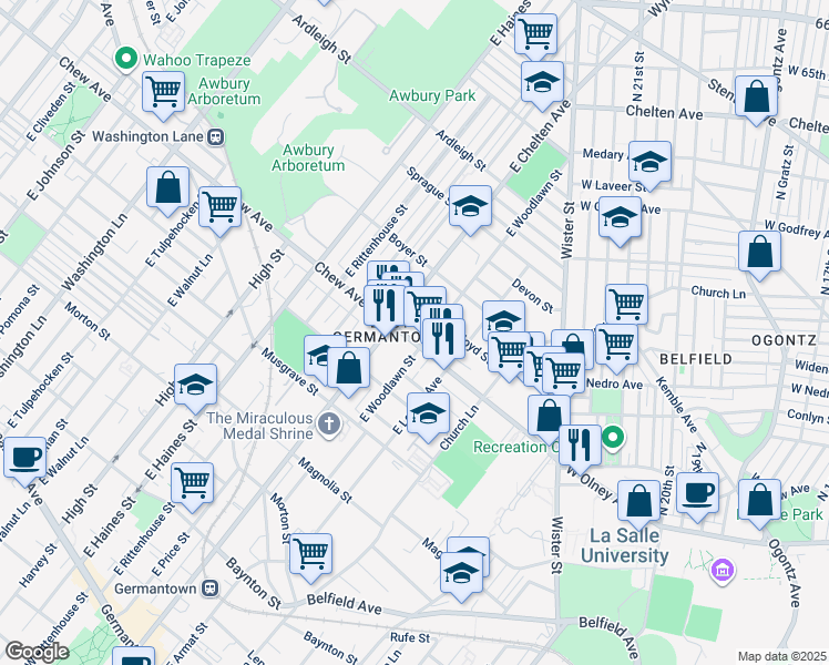 map of restaurants, bars, coffee shops, grocery stores, and more near 5653 Chew Avenue in Philadelphia