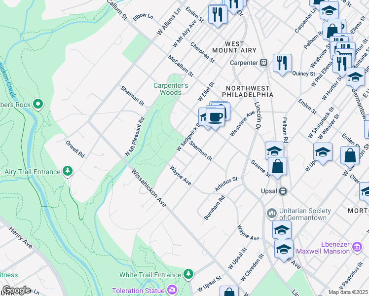 map of restaurants, bars, coffee shops, grocery stores, and more near 708 West Sedgwick Street in Philadelphia
