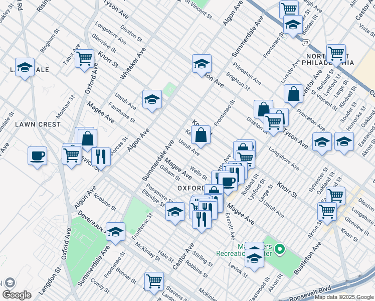 map of restaurants, bars, coffee shops, grocery stores, and more near 1246 Unruh Avenue in Philadelphia