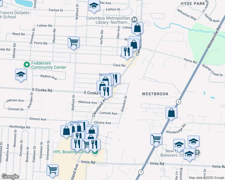 map of restaurants, bars, coffee shops, grocery stores, and more near 3762 Cleveland Avenue in Columbus