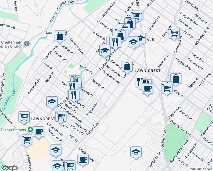 map of restaurants, bars, coffee shops, grocery stores, and more near 6110 Bingham Street in Philadelphia