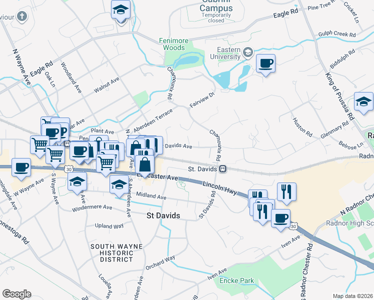 map of restaurants, bars, coffee shops, grocery stores, and more near 472 Saint Davids Avenue in Saint Davids