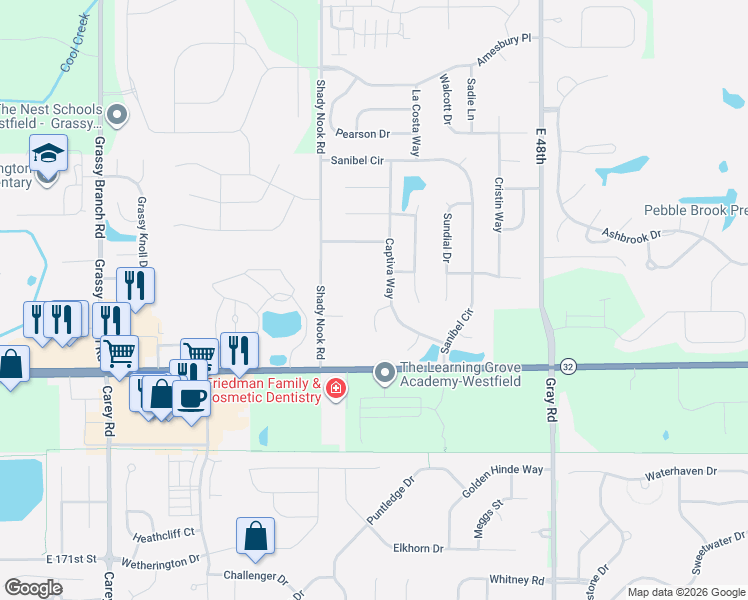 map of restaurants, bars, coffee shops, grocery stores, and more near 17768 Captiva Way in Noblesville