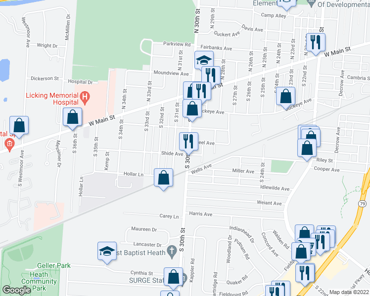 map of restaurants, bars, coffee shops, grocery stores, and more near 127 South 30th Street in Newark