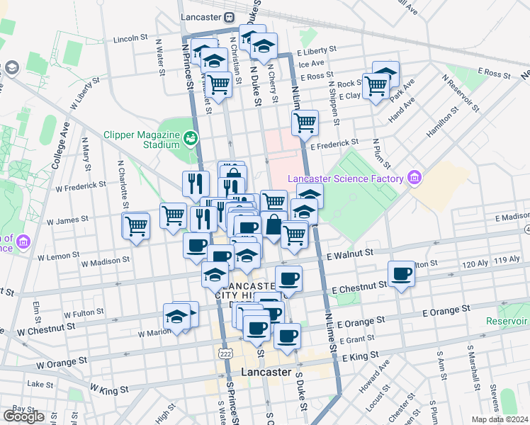 map of restaurants, bars, coffee shops, grocery stores, and more near 426 North Duke Street in Lancaster