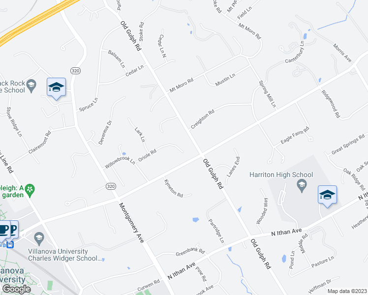 map of restaurants, bars, coffee shops, grocery stores, and more near 544 Oriole Road in Villanova