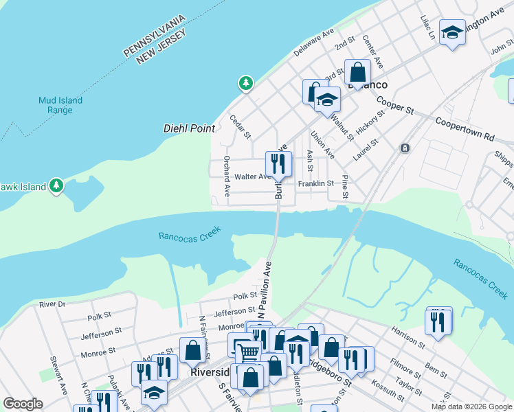 map of restaurants, bars, coffee shops, grocery stores, and more near 302 Rancocas Avenue in Delanco