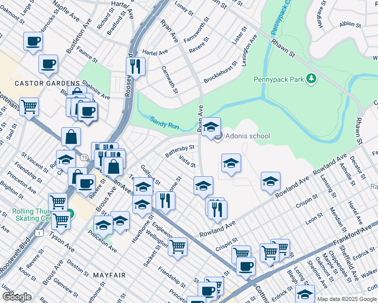 map of restaurants, bars, coffee shops, grocery stores, and more near 7547 Battersby Street in Philadelphia