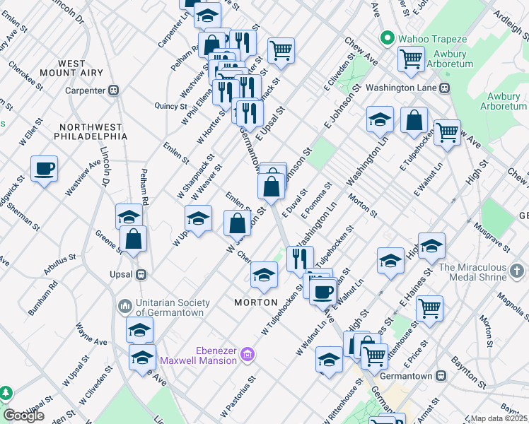 map of restaurants, bars, coffee shops, grocery stores, and more near 20 West Johnson Street in Philadelphia