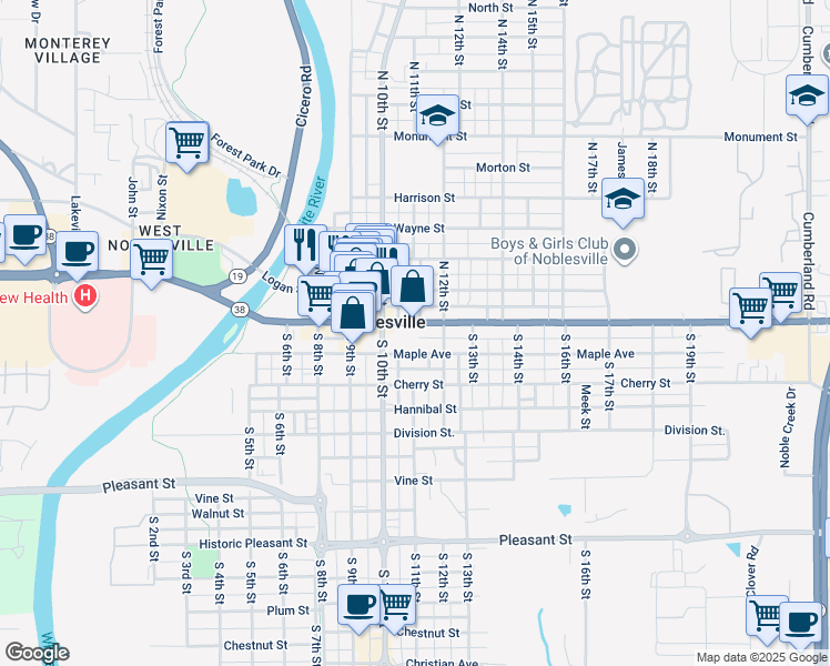 map of restaurants, bars, coffee shops, grocery stores, and more near 1095 Conner Street in Noblesville