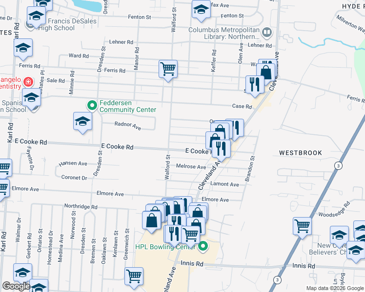 map of restaurants, bars, coffee shops, grocery stores, and more near 2002 East Cooke Road in Columbus