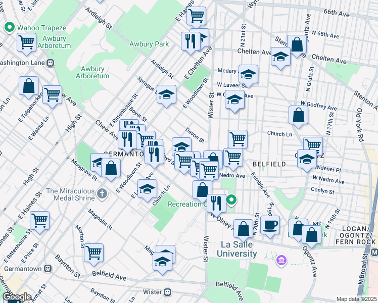 map of restaurants, bars, coffee shops, grocery stores, and more near 5535 Boyer Street in Philadelphia