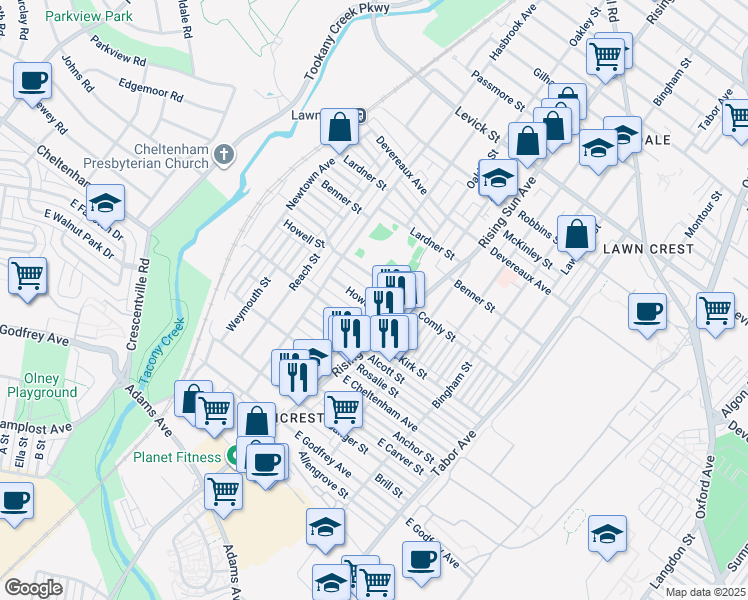 map of restaurants, bars, coffee shops, grocery stores, and more near 463 East Howell Street in Philadelphia