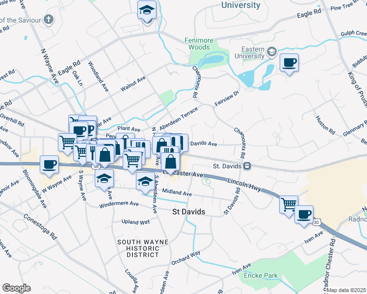map of restaurants, bars, coffee shops, grocery stores, and more near 440 Saint Davids Avenue in Saint Davids