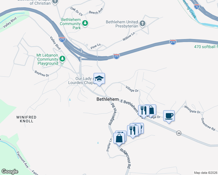 map of restaurants, bars, coffee shops, grocery stores, and more near 8 Village Dr in Wheeling