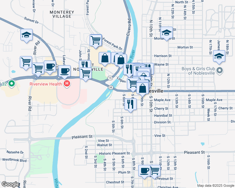 map of restaurants, bars, coffee shops, grocery stores, and more near 432 Maple Avenue in Noblesville