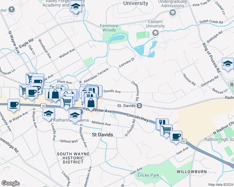 map of restaurants, bars, coffee shops, grocery stores, and more near 472 Saint Davids Avenue in Saint Davids