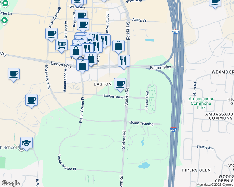 map of restaurants, bars, coffee shops, grocery stores, and more near 4400 Easton Cmns in Columbus