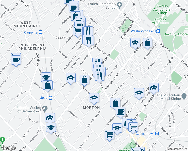 map of restaurants, bars, coffee shops, grocery stores, and more near 20 West Johnson Street in Philadelphia