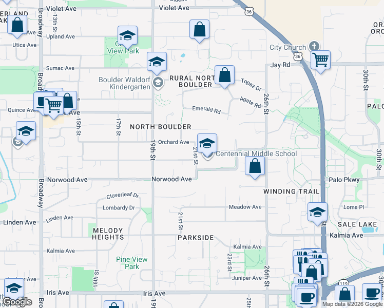 map of restaurants, bars, coffee shops, grocery stores, and more near 2080 Orchard Avenue in Boulder