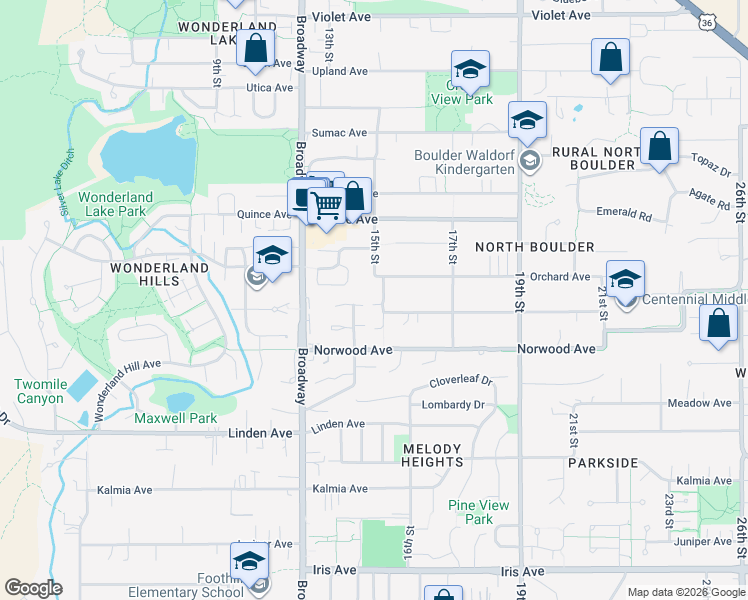 map of restaurants, bars, coffee shops, grocery stores, and more near 3877 15th Street in Boulder