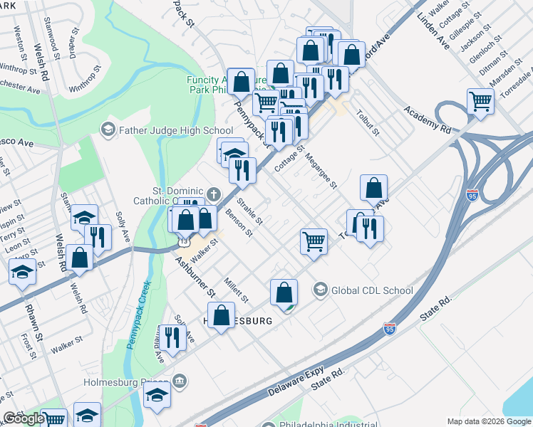 map of restaurants, bars, coffee shops, grocery stores, and more near 8629 Gillespie Street in Philadelphia