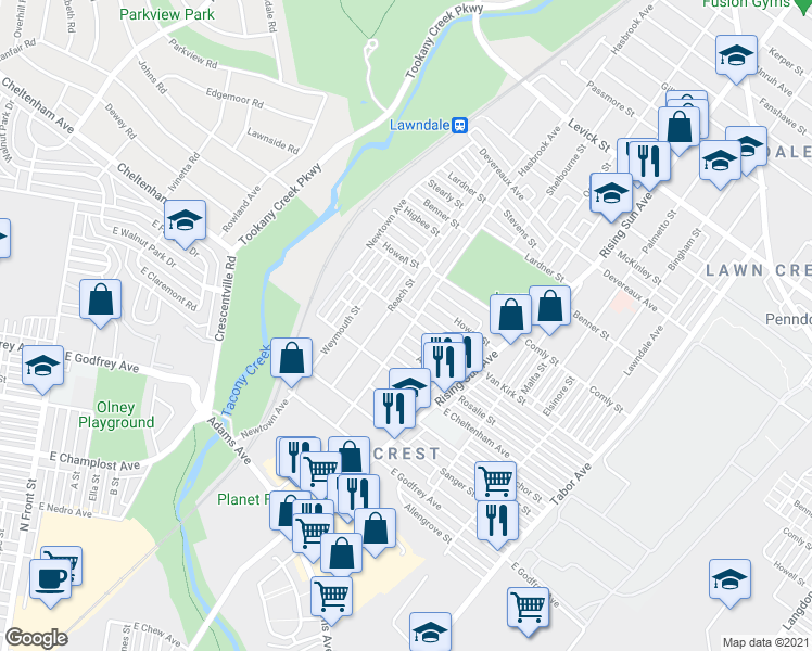 map of restaurants, bars, coffee shops, grocery stores, and more near 401 Van Kirk Street in Philadelphia