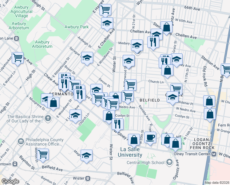 map of restaurants, bars, coffee shops, grocery stores, and more near 6008 North Beechwood Street in Philadelphia