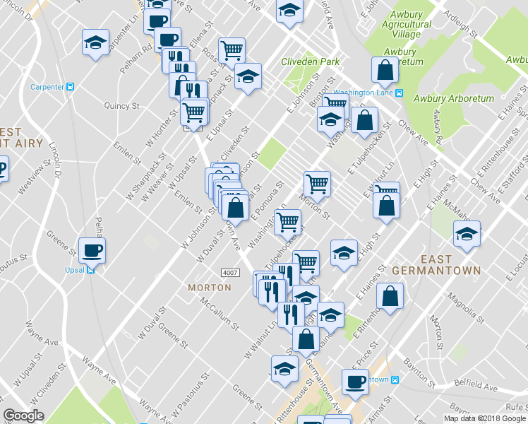 map of restaurants, bars, coffee shops, grocery stores, and more near 121 East Pomona Street in Philadelphia