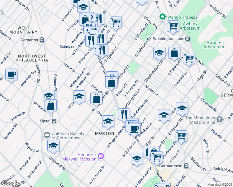 map of restaurants, bars, coffee shops, grocery stores, and more near 75 East Duval Street in Philadelphia