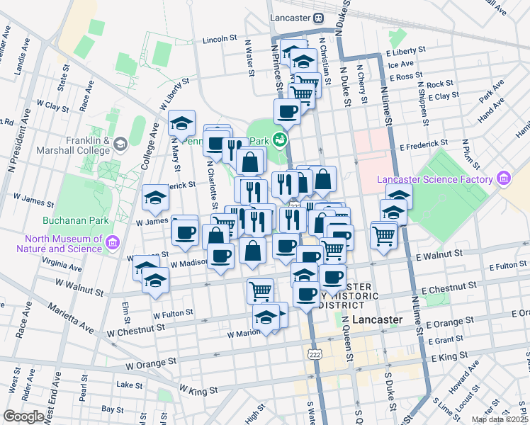 map of restaurants, bars, coffee shops, grocery stores, and more near 232 West James Street in Lancaster