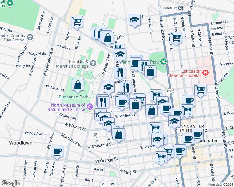 map of restaurants, bars, coffee shops, grocery stores, and more near 519 North Pine Street in Lancaster