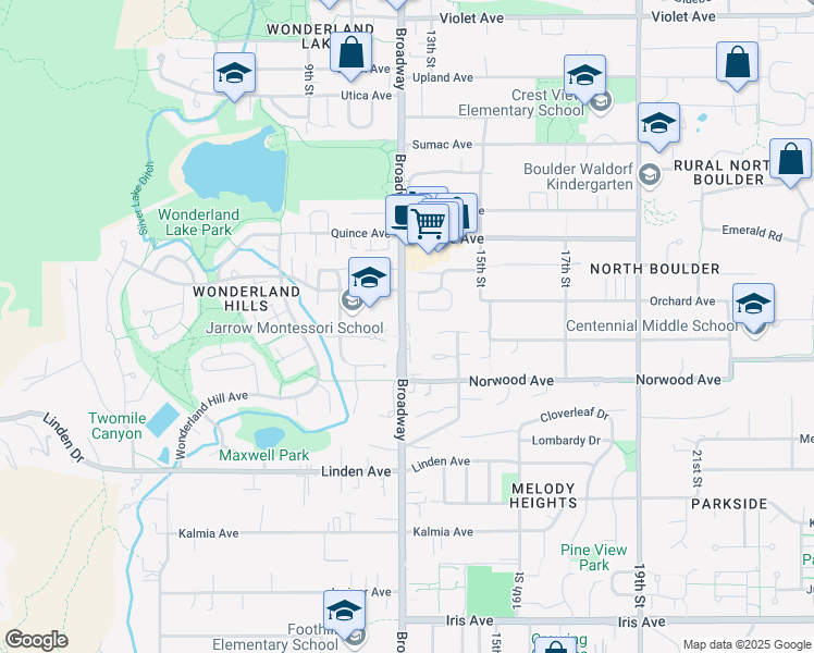 map of restaurants, bars, coffee shops, grocery stores, and more near 3860 Broadway in Boulder