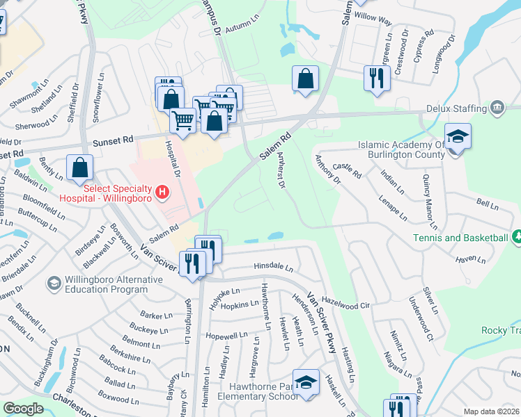 map of restaurants, bars, coffee shops, grocery stores, and more near 8 Amherst Drive in Burlington