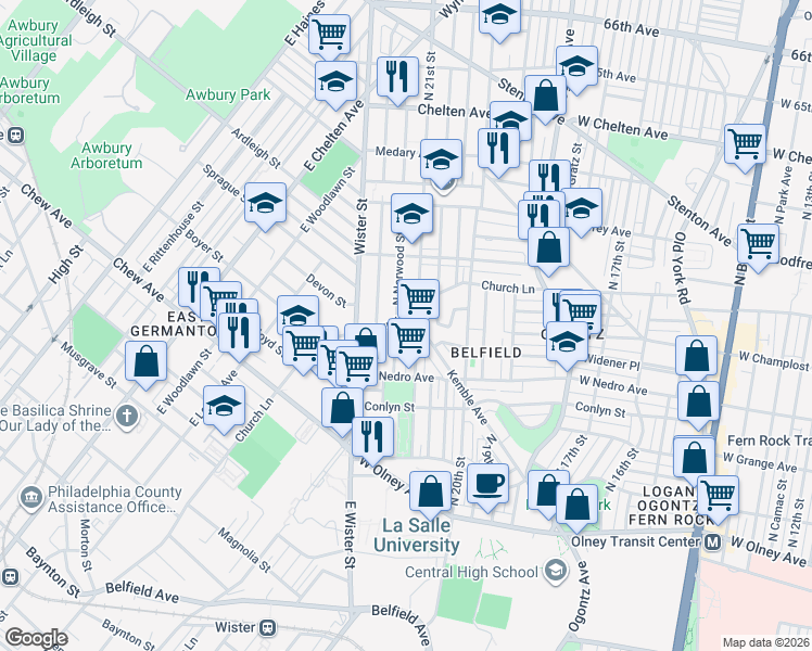 map of restaurants, bars, coffee shops, grocery stores, and more near 2106 Church Lane in Philadelphia