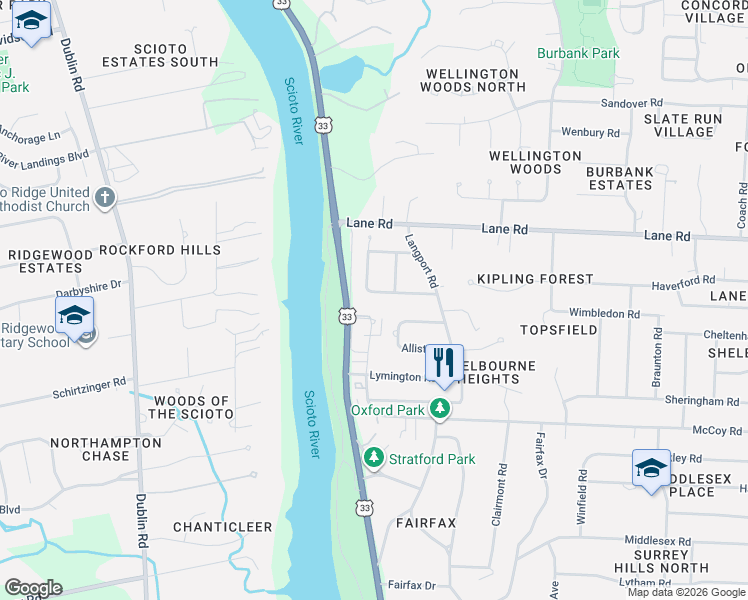 map of restaurants, bars, coffee shops, grocery stores, and more near 4515 Helston Court in Columbus