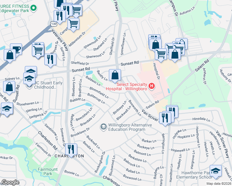 map of restaurants, bars, coffee shops, grocery stores, and more near 65 Baldwin Lane in Willingboro