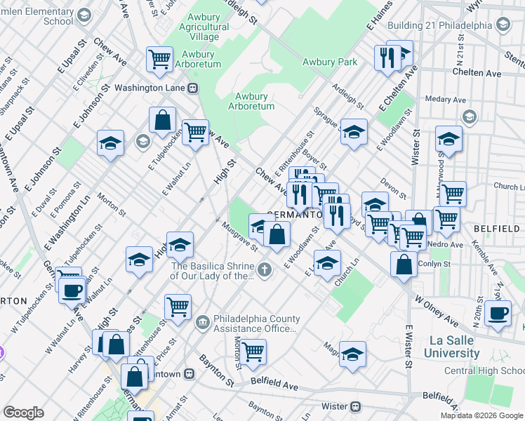 map of restaurants, bars, coffee shops, grocery stores, and more near 5819 McMahon Street in Philadelphia